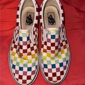 Vans checkered rainbow slip ons